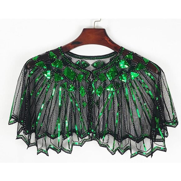 Women's Green 1920s Shawl Sequin Beaded Evening Cape Retro Wedding Wraps Scarf - Picture 4 of 7